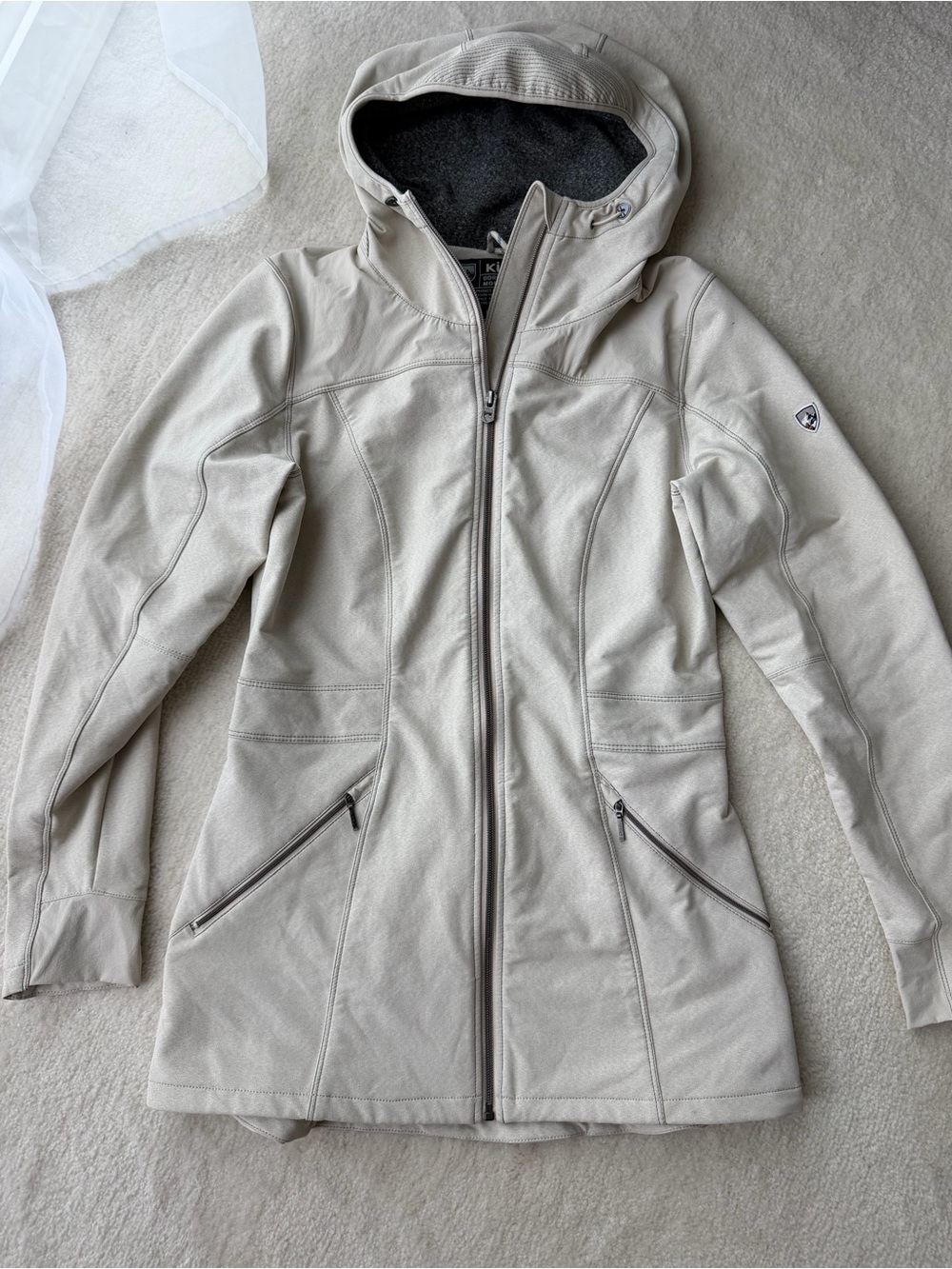 Kuhl Hooded Weather Performance Klash Fleece Trench Softshell Coat Light Taupe